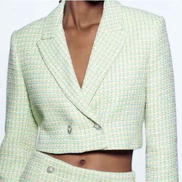 Zara Cropped Tweed Textured Jacket/Blazer Green Small NWT Office Academia Preppy - Picture 1 of 16